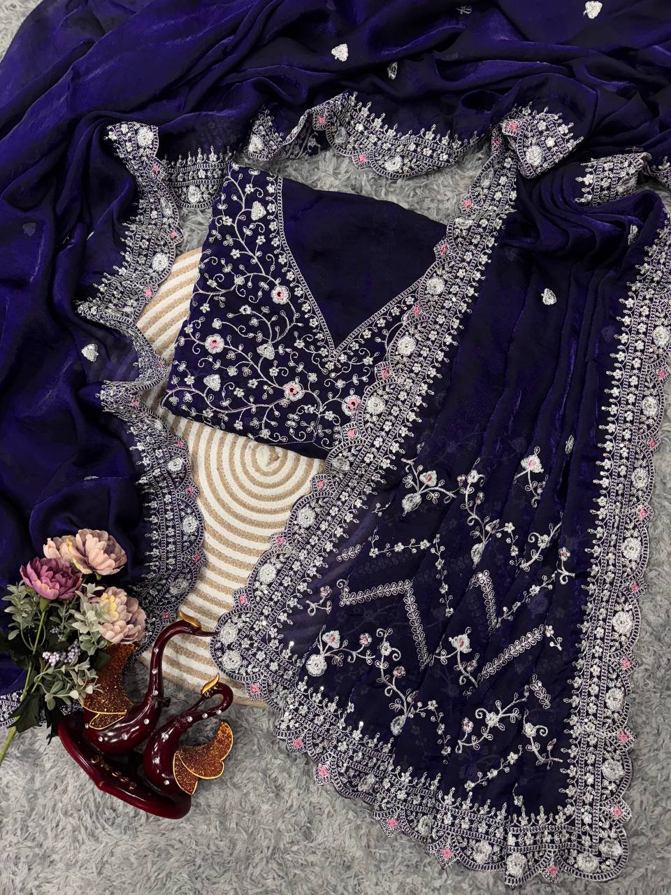 Royal Blue Embroidered Blouse Piece with Intricate Mirror, Sequin & Floral Threadwork β Ready-to-Stitch Fabric for Sarees & Festive Ethnic Wear - Image 7