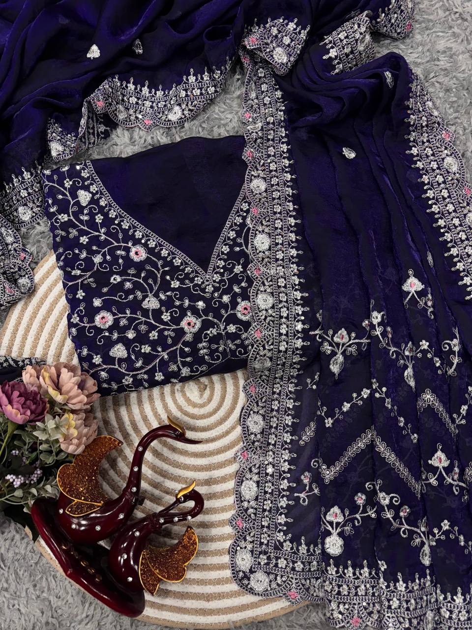 Royal Blue Embroidered Blouse Piece with Intricate Mirror, Sequin & Floral Threadwork β Ready-to-Stitch Fabric for Sarees & Festive Ethnic Wear - Image 3