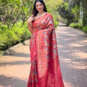 Women's Luxurious Pista Green & Pink Art Silk Saree with Intricate Leaf Weave & Broad Zari Border – Ideal for Festive & Wedding Occasions